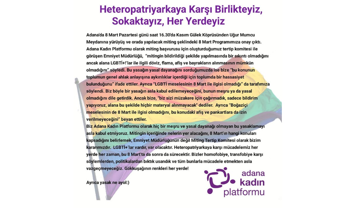 Adana Emniyeti’nden 8 Mart mitinginde keyfî “LGBTİ+ yasağı” | Kaos GL - LGBTİ+ Haber Portalı