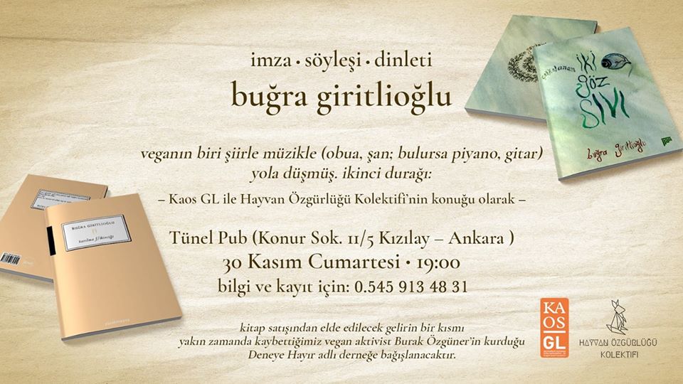 Buğra Giritlioğlu ile Vegan Şiir Gecesi yarın Ankara’da! | Kaos GL - LGBTİ+ Haber Portalı