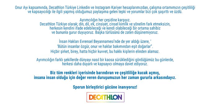 Decathlon Türkiye’den nefrete yanıt: Sporun birleştirici gücüne inanıyoruz! | Kaos GL - LGBTİ+ Haber Portalı Haber