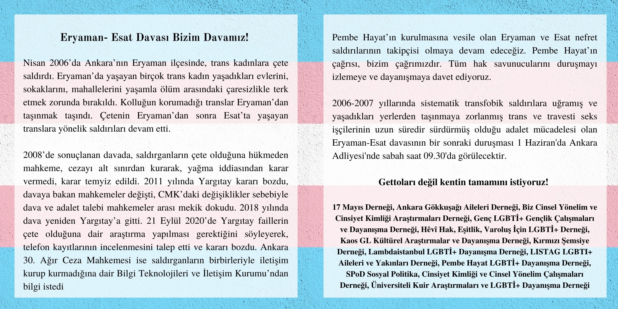 LGBTİ+ dernekleri: Eryaman-Esat davası bizim davamız! | Kaos GL - LGBTİ+ Haber Portalı Haber