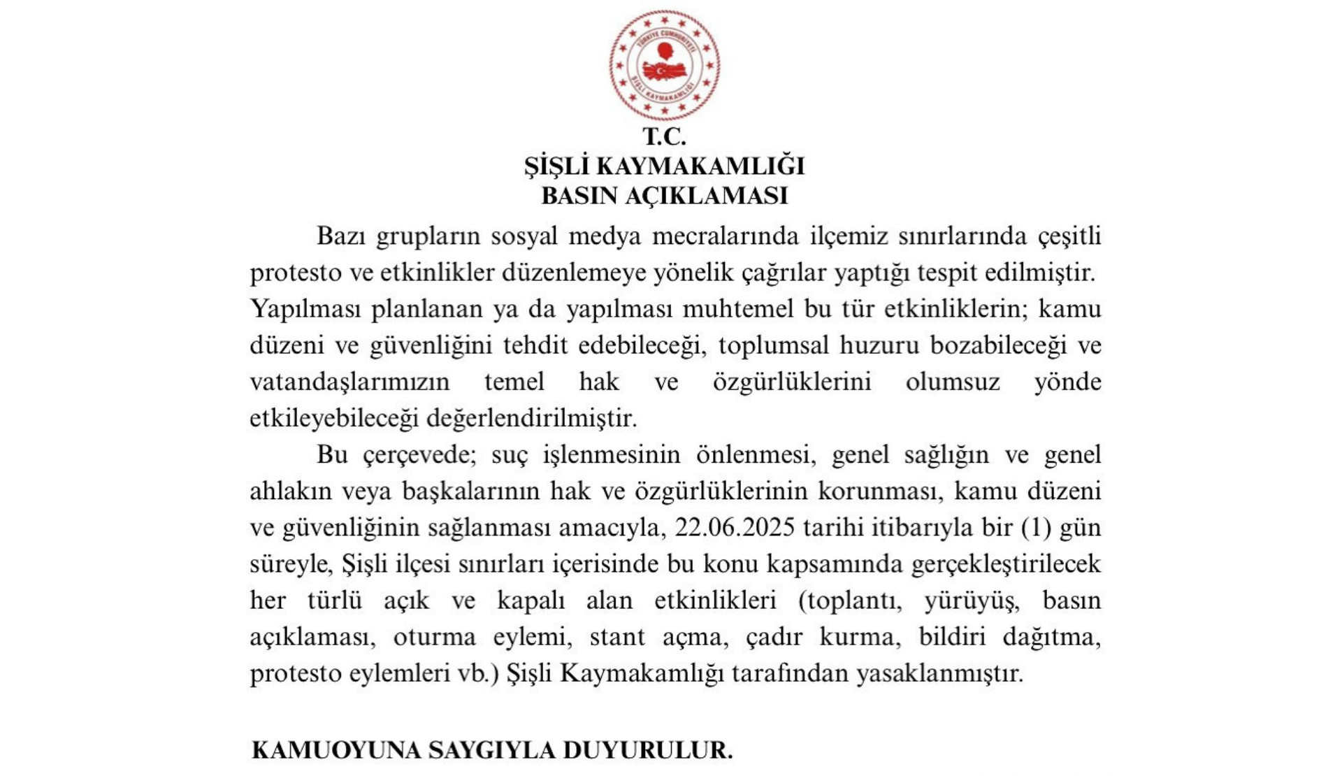 Şişli Kaymakamlığı, ilçedeki açık ve kapalı alan etkinliklerini yasakladı | Kaos GL - LGBTİ+ Haber Portalı Haber