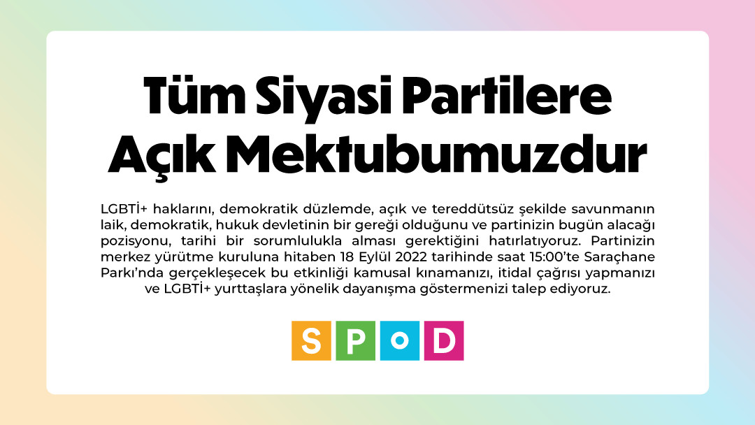 SPoD’tan siyasi partilere: LGBTİ+ yurttaşlarla dayanışın Kaos GL - LGBTİ+ Haber Portalı