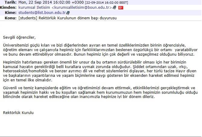 Boğaziçi Rektörlüğü&rsquo;nden homofobiye karşı mesaj | Kaos GL - LGBTİ+ Haber Portalı Haber